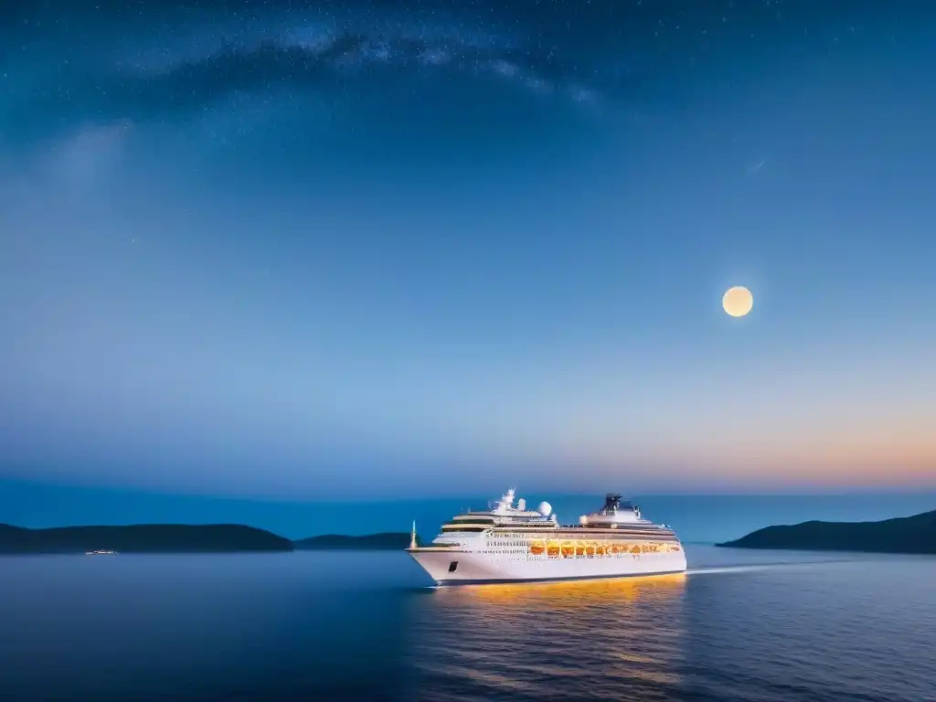 Un crucero elegante navegando en una noche estrellada, con Integración sistemas navegación experiencia crucero