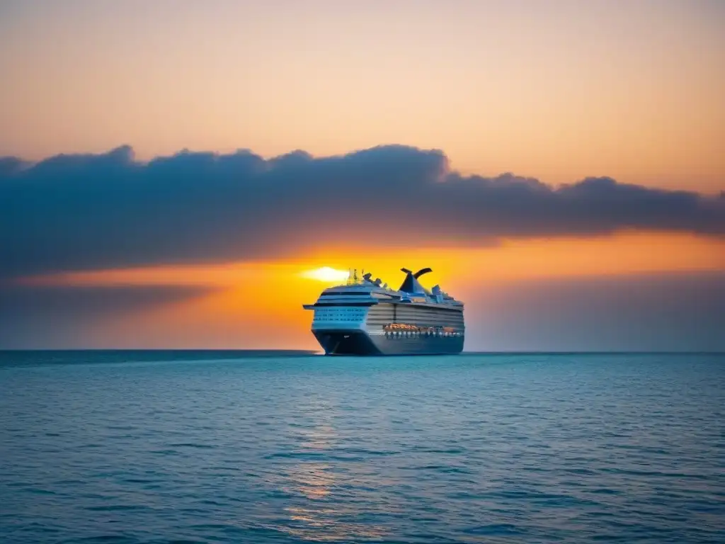 Un crucero elegante surcando un océano sereno al atardecer, transmitiendo la tranquilidad de un viaje en crucero con seguro de viaje en crucero