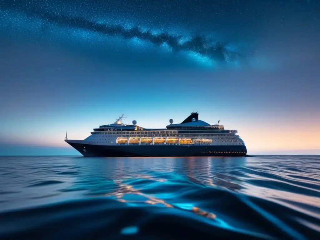 Un crucero elegante navega en un océano sereno bajo un cielo estrellado, iluminando la adopción de criptomonedas en cruceros