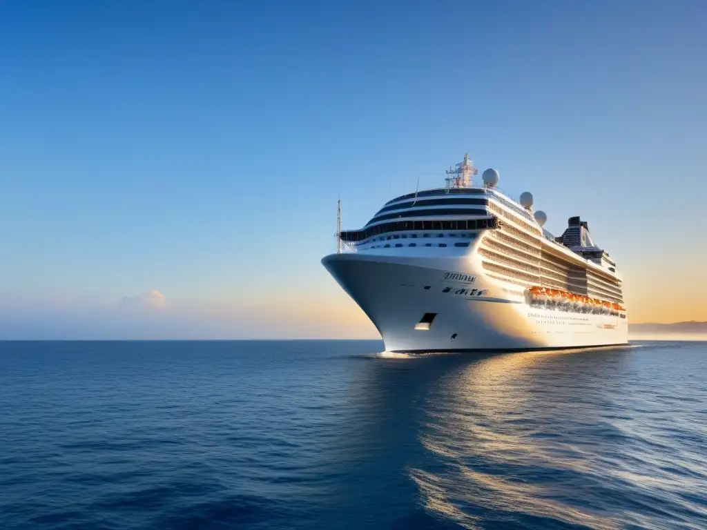 Un crucero elegante surca un océano tranquilo al atardecer, reflejando lujo y serenidad