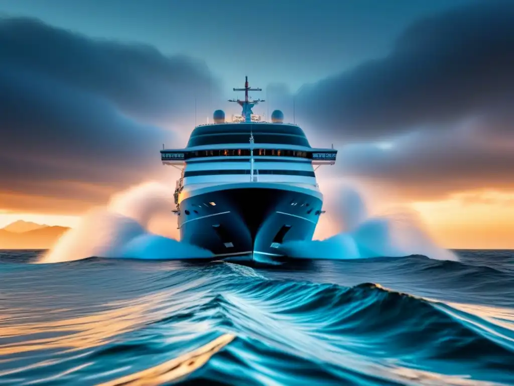 Un crucero elegante navega en olas digitales turbulentas, simbolizando vulnerabilidades cibernéticas en sistemas de seguridad a bordo