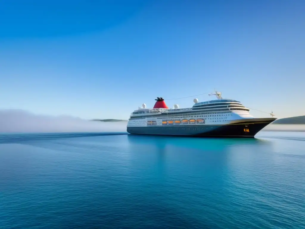 Un crucero elegante en un puerto pintoresco con cielos azules y aguas tranquilas