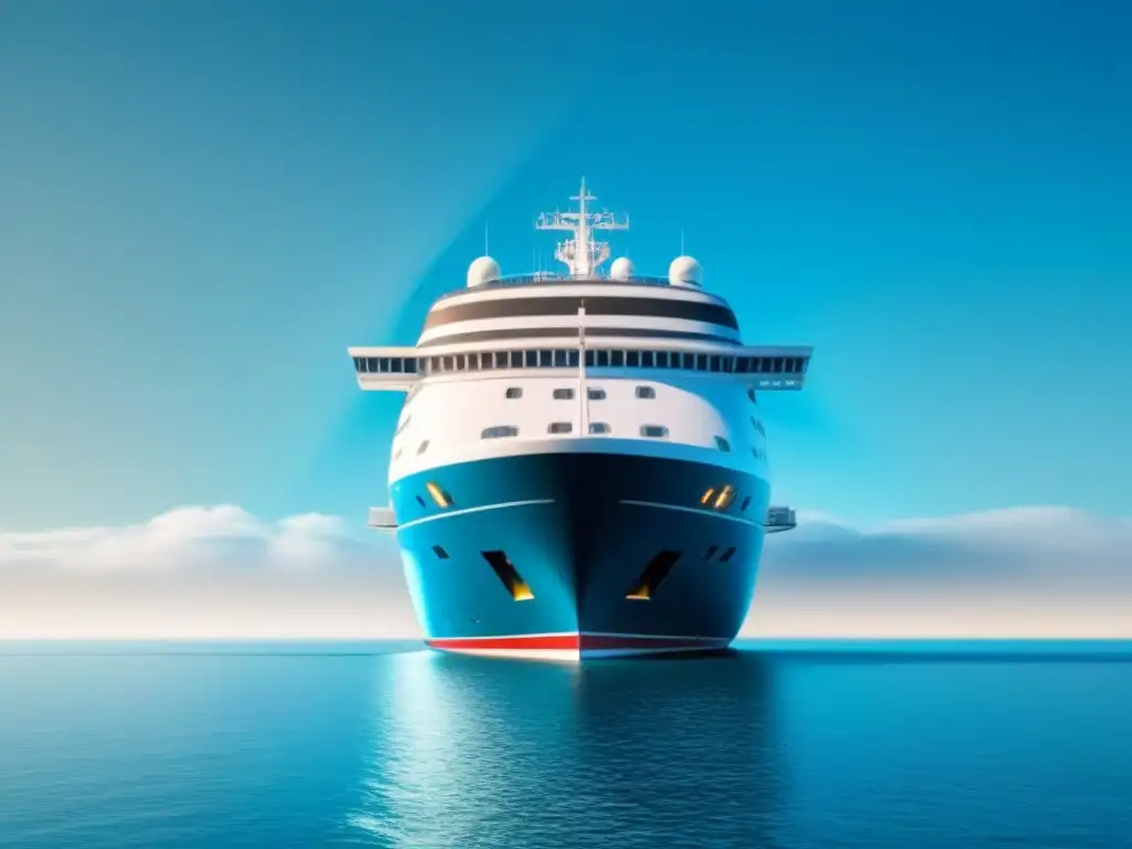 Un crucero elegante navegando en una red blockchain, con bloques transparentes que simbolizan seguridad y transparencia