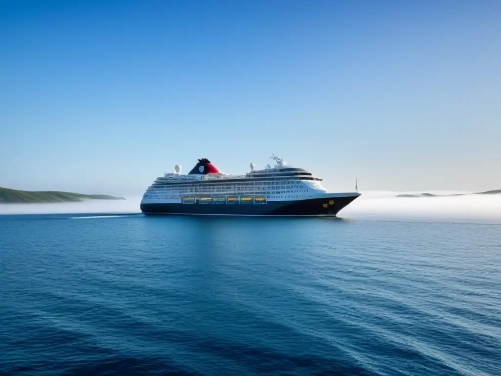 Un crucero elegante y sereno surca aguas tranquilas bajo un cielo azul claro, ideal para dar consejos para evitar mareo en cruceros