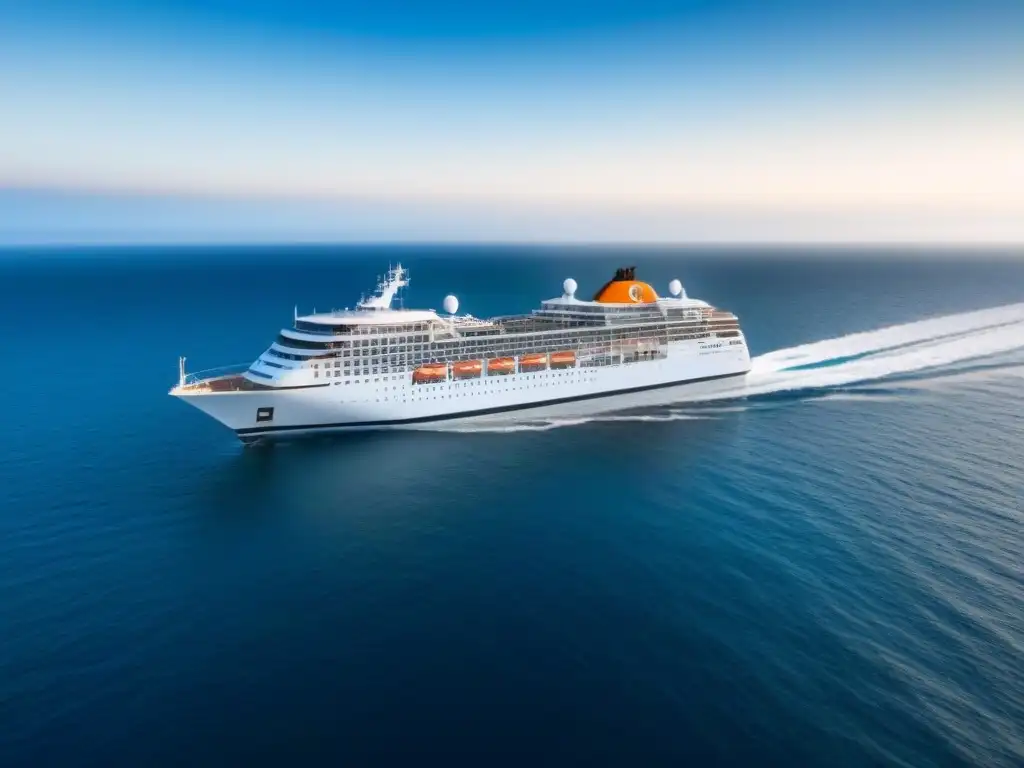 Un crucero elegante navega sereno en un mar tranquilo bajo cielo azul, reflejándose sutilmente en el agua