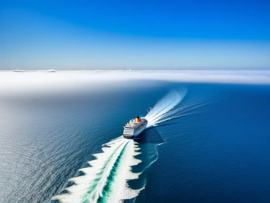 Un crucero elegante navega en un vasto océano bajo un cielo azul claro, simbolizando desarrollo profesional para tripulantes marítimos