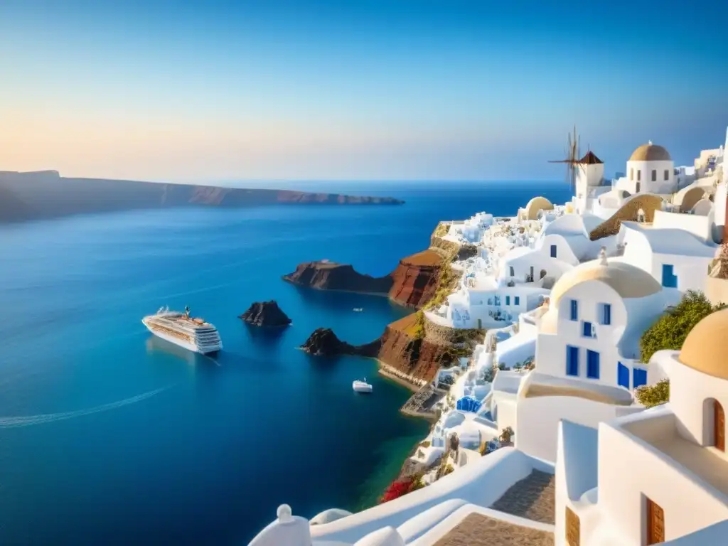 Un crucero exclusivo en las Islas Griegas: un lujoso barco navegando en aguas turquesas bajo el sol dorado de Santorini