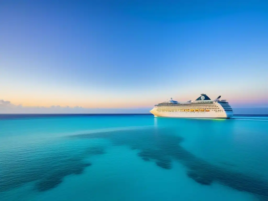 Un crucero exótico seguro navegando en aguas turquesas con palmeras y playa blanca al atardecer