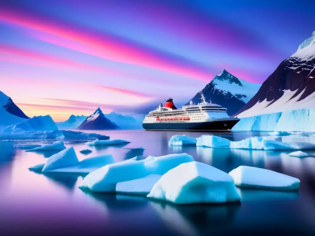 Un crucero de exploración en aguas heladas al atardecer, con un cielo vibrante y montañas nevadas