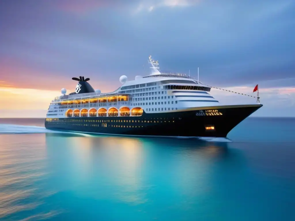 Un crucero famoso navegando en aguas turquesas al atardecer, con decoración temática de cine