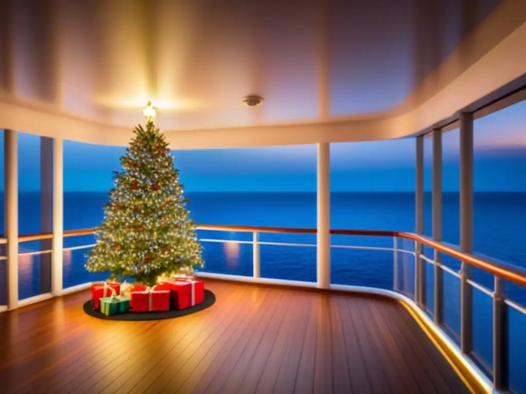 Un crucero festivo iluminado con luces brillantes, un árbol de Navidad decorado y pasajeros disfrutando de actividades navideñas bajo un cielo estrellado