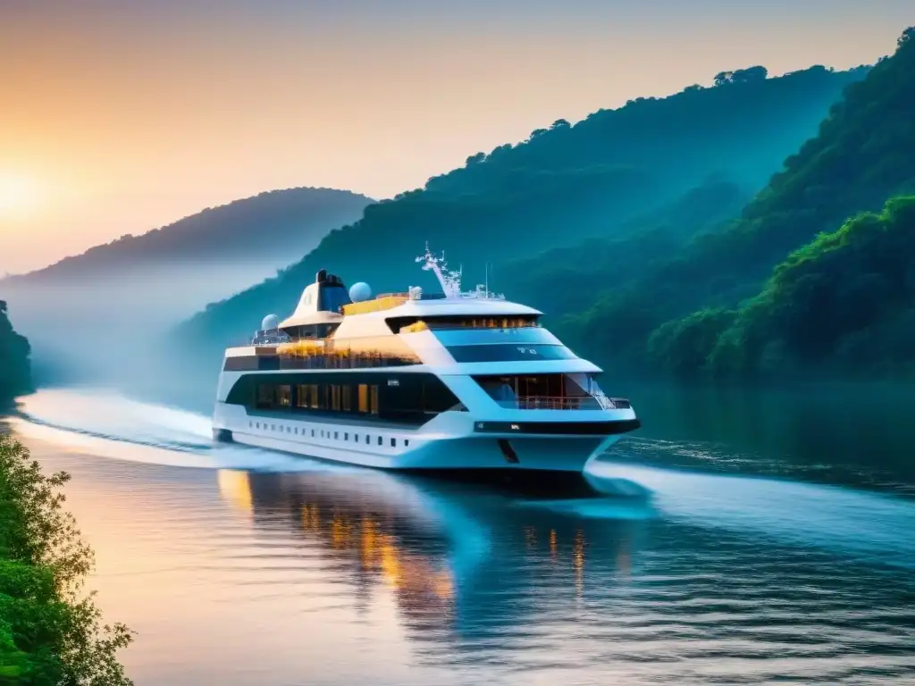 Un crucero fluvial de diseño elegante surca un río al atardecer, reflejando el sol dorado en el agua tranquila, rodeado de vegetación exuberante