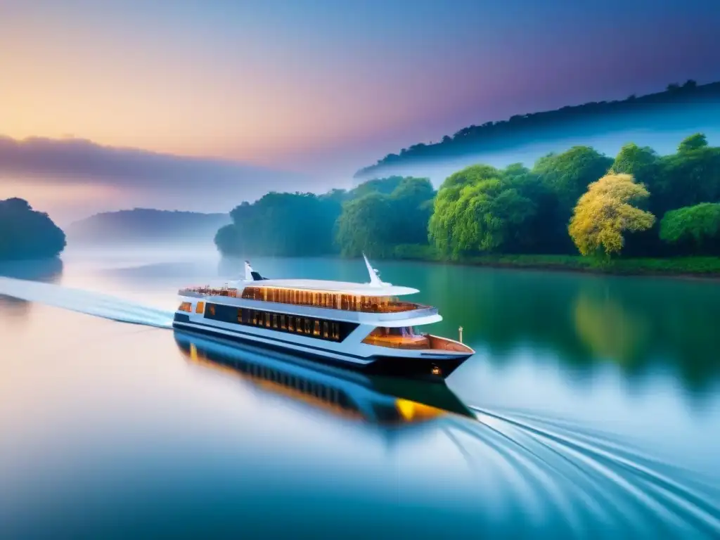 Un crucero fluvial de lujo navegando al atardecer en un río tranquilo