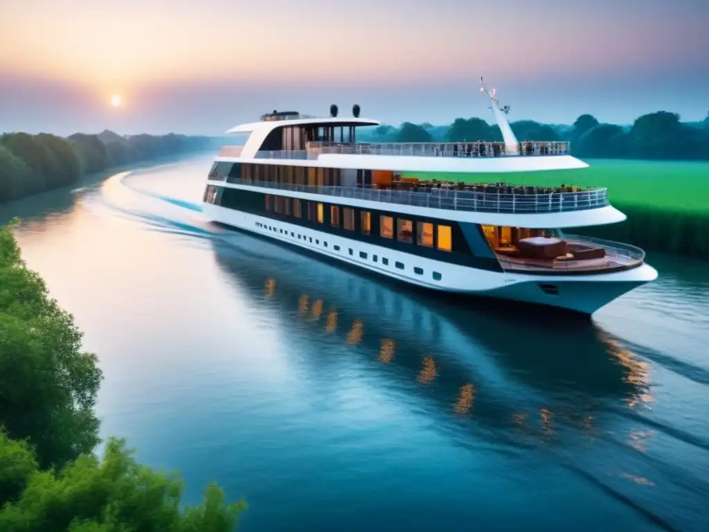 Un crucero fluvial de lujo navegando al atardecer en un río tranquilo