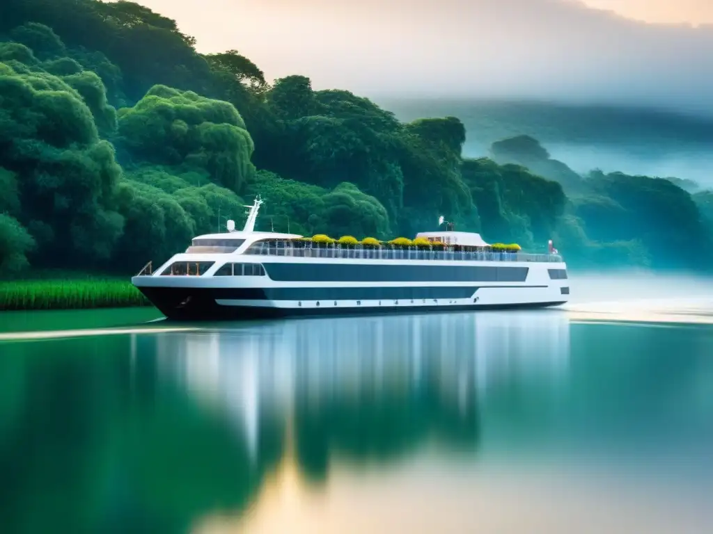 Un crucero fluvial de lujo navegando serenamente por un río rodeado de exuberante vegetación reflejada en el agua