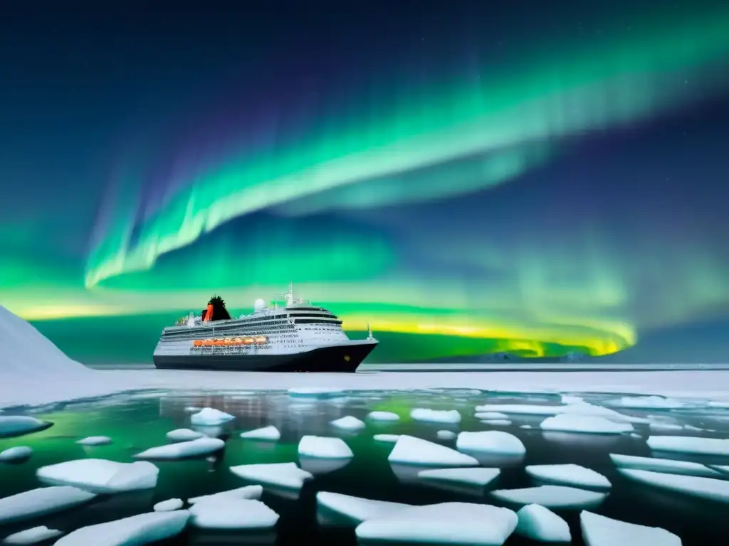 Un crucero navega entre fragmentos de hielo en las Rutas de crucero impactadas deshielo bajo la aurora boreal