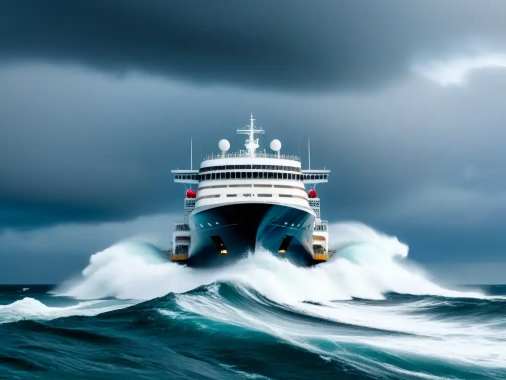 Un crucero navegando con fuerza en medio de tormentas climáticas, mostrando preparación y resiliencia