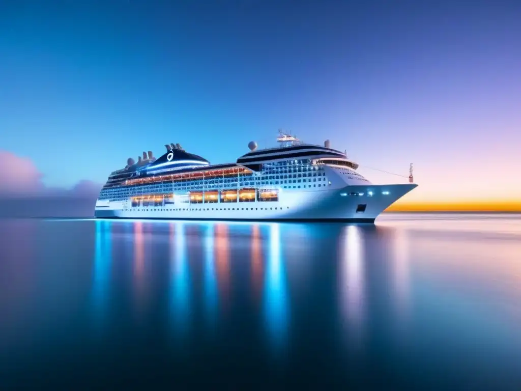 Un crucero futurista surca aguas cristalinas bajo un cielo estrellado, resaltando la tecnología impermeable en cruceros