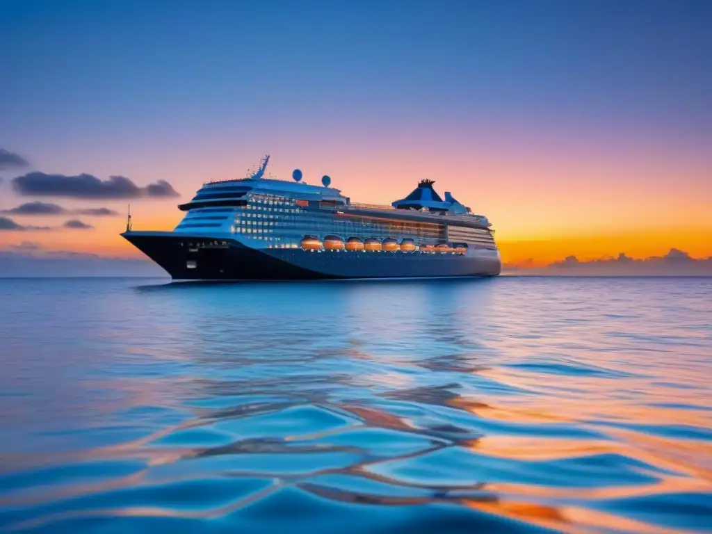 Un crucero futurista surcando aguas cristalinas al atardecer con islas tropicales al fondo