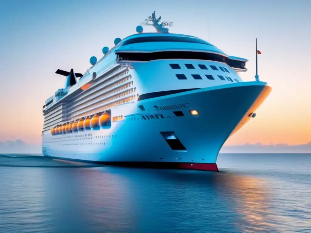 Un crucero futurista surca aguas cristalinas bajo un cielo tecnológico con patrones de blockchain