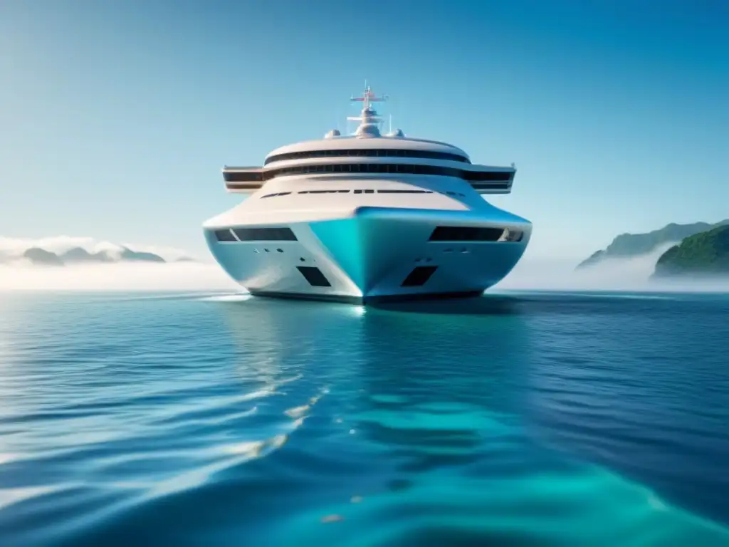 Un crucero futurista surcando aguas cristalinas, con diseño vanguardista y sistemas de navegación AI