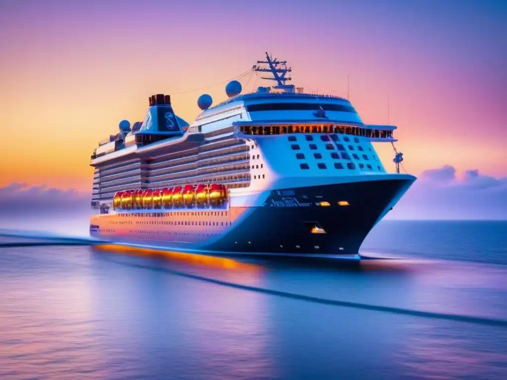 Un crucero futurista navegando en aguas cristalinas al atardecer, con innovaciones tecnológicas en cruceros integradas