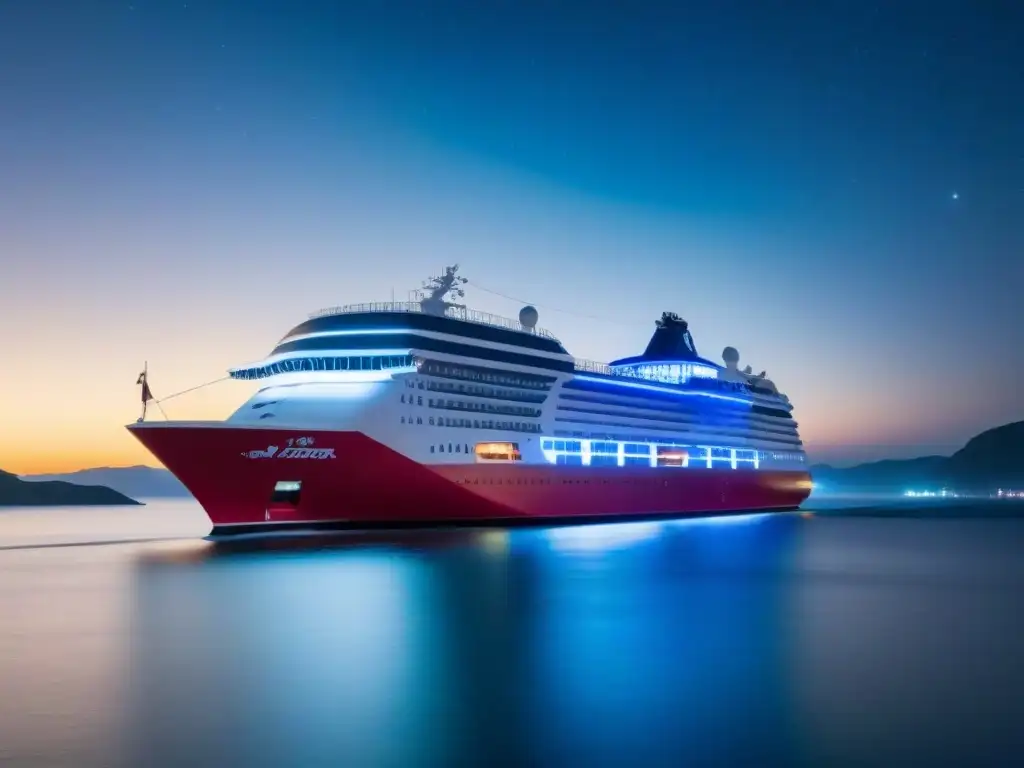 Un crucero futurista navega en aguas cristalinas bajo un cielo estrellado, iluminado con elegancia