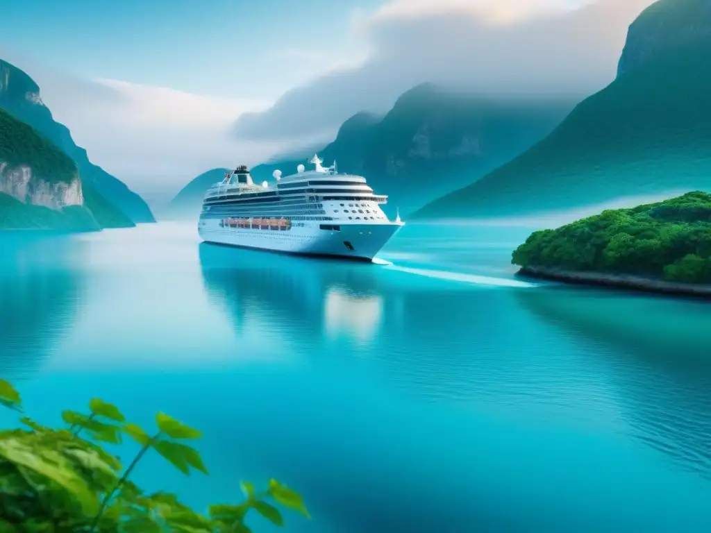 Un crucero futurista navega en aguas cristalinas rodeado de naturaleza, promoviendo 'Alternativas energía cruceros amigables'