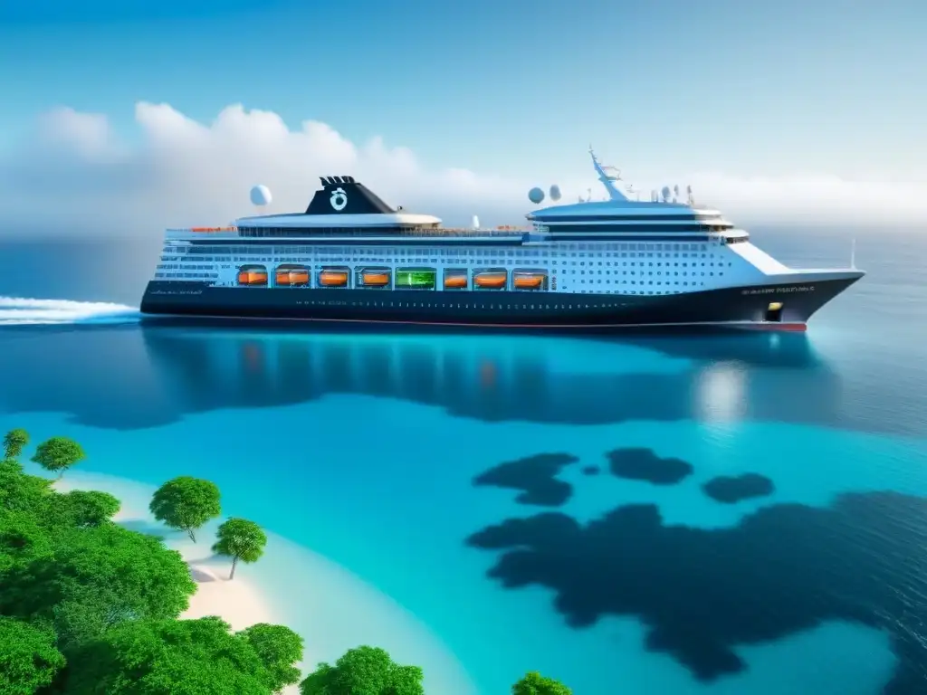 Un crucero futurista navegando en aguas cristalinas, reflejando criptomonedas