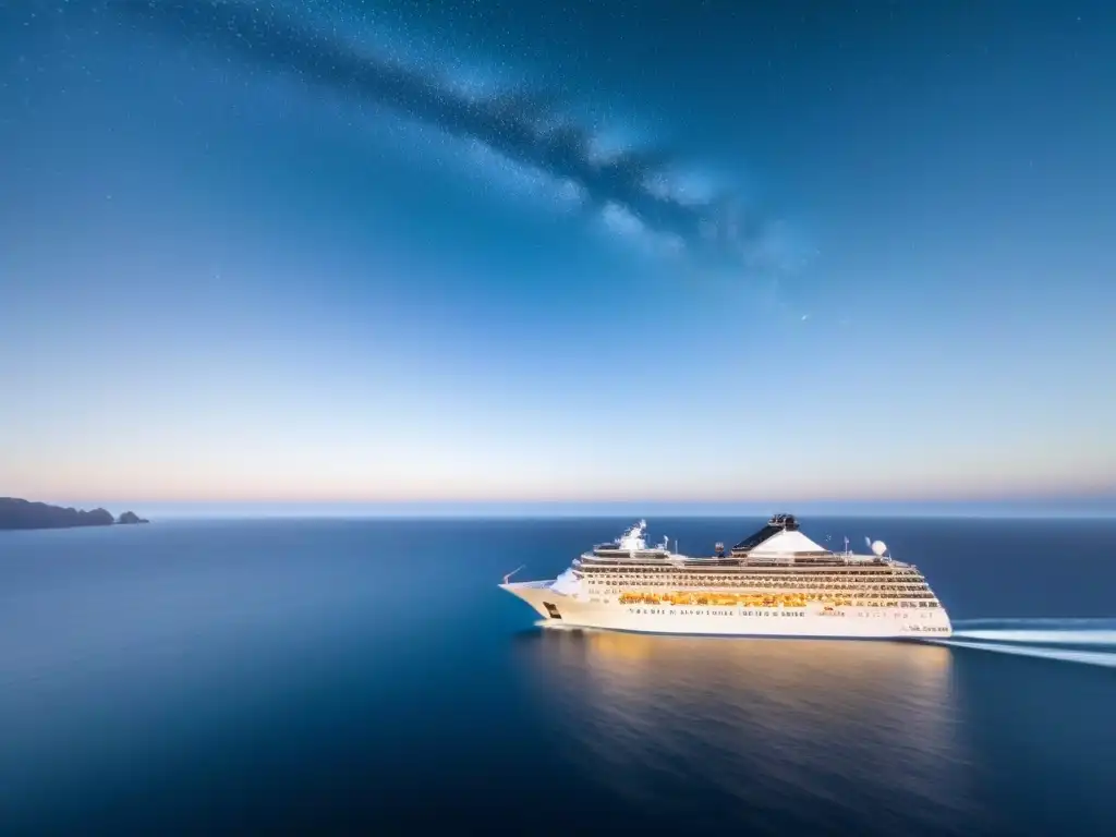 Un crucero futurista en aguas cristalinas bajo un cielo estrellado, con diseño blockchain