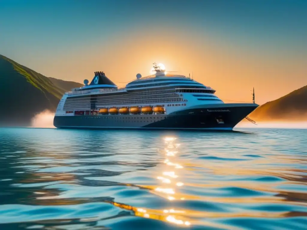 Un crucero futurista navega suavemente en aguas cristalinas al atardecer, destacando la automatización a bordo cruceros beneficios