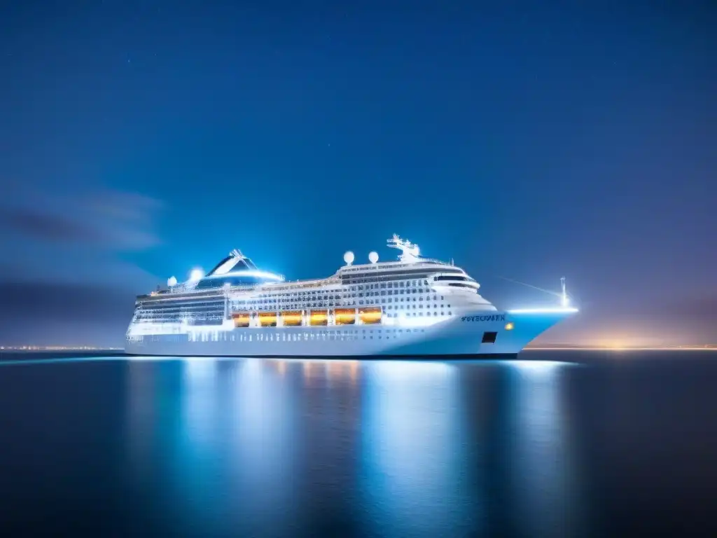 Un crucero futurista navega por aguas cristalinas bajo un cielo estrellado, iluminado por inteligencia artificial en turismo marítimo