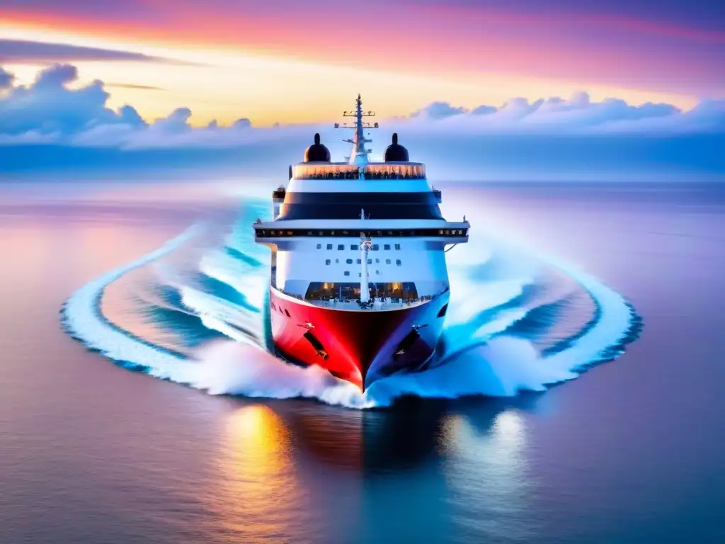 Un crucero futurista navega suavemente en aguas cristalinas al atardecer, con tecnología de navegación autónoma integrada