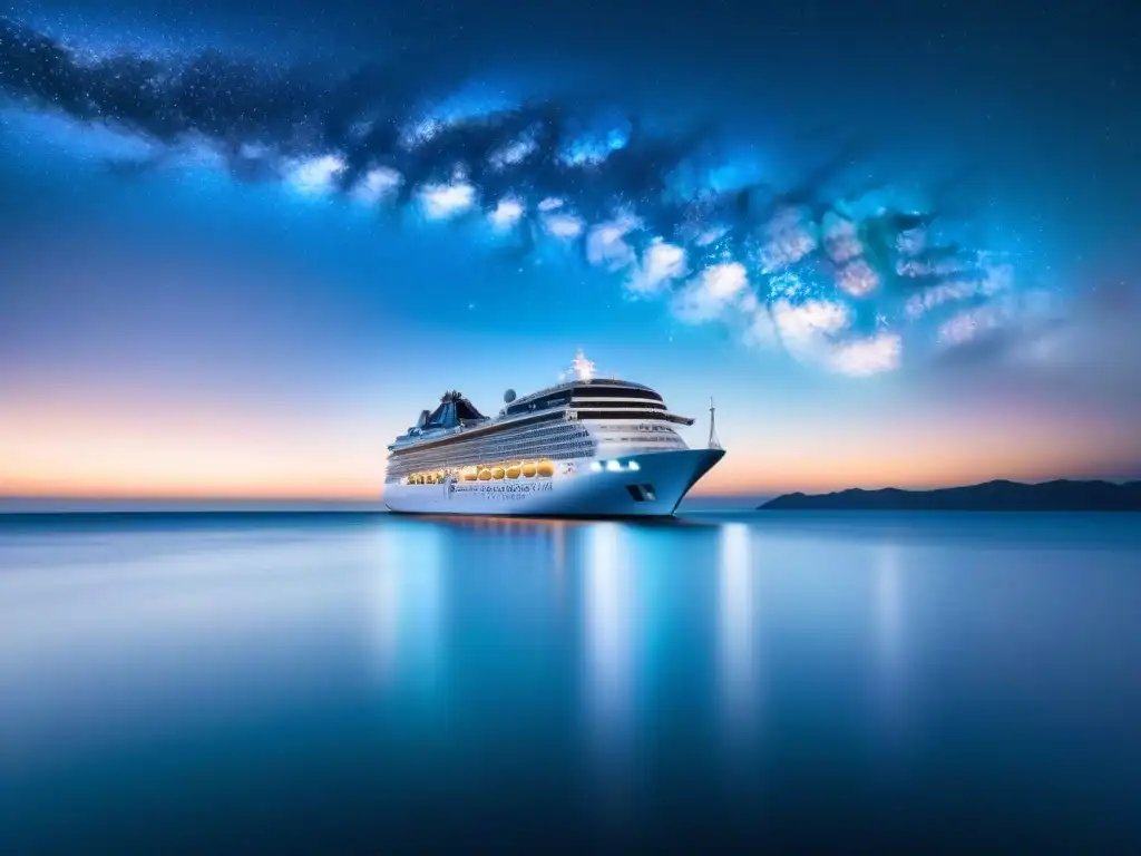 Un crucero futurista navega en aguas cristalinas bajo un cielo estrellado