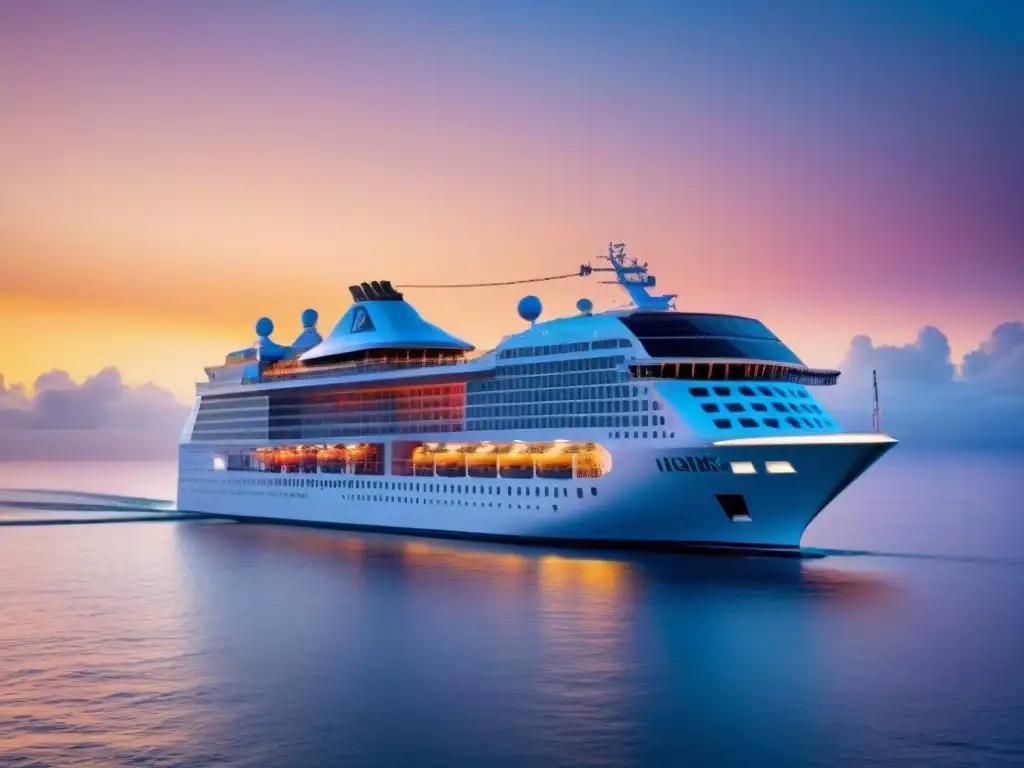 Un crucero futurista avanza en aguas cristalinas al atardecer, destacando la integración de tecnología en cruceros marítimos