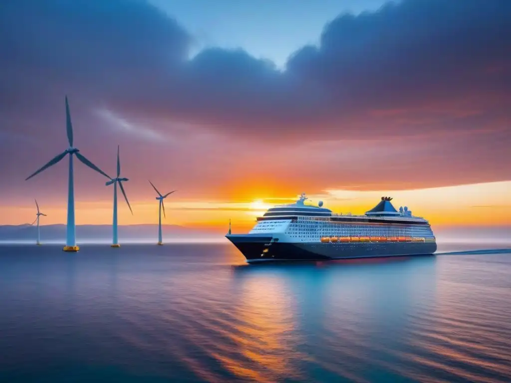 Un crucero futurista navega en aguas cristalinas al atardecer, con paneles solares y turbinas eólicas