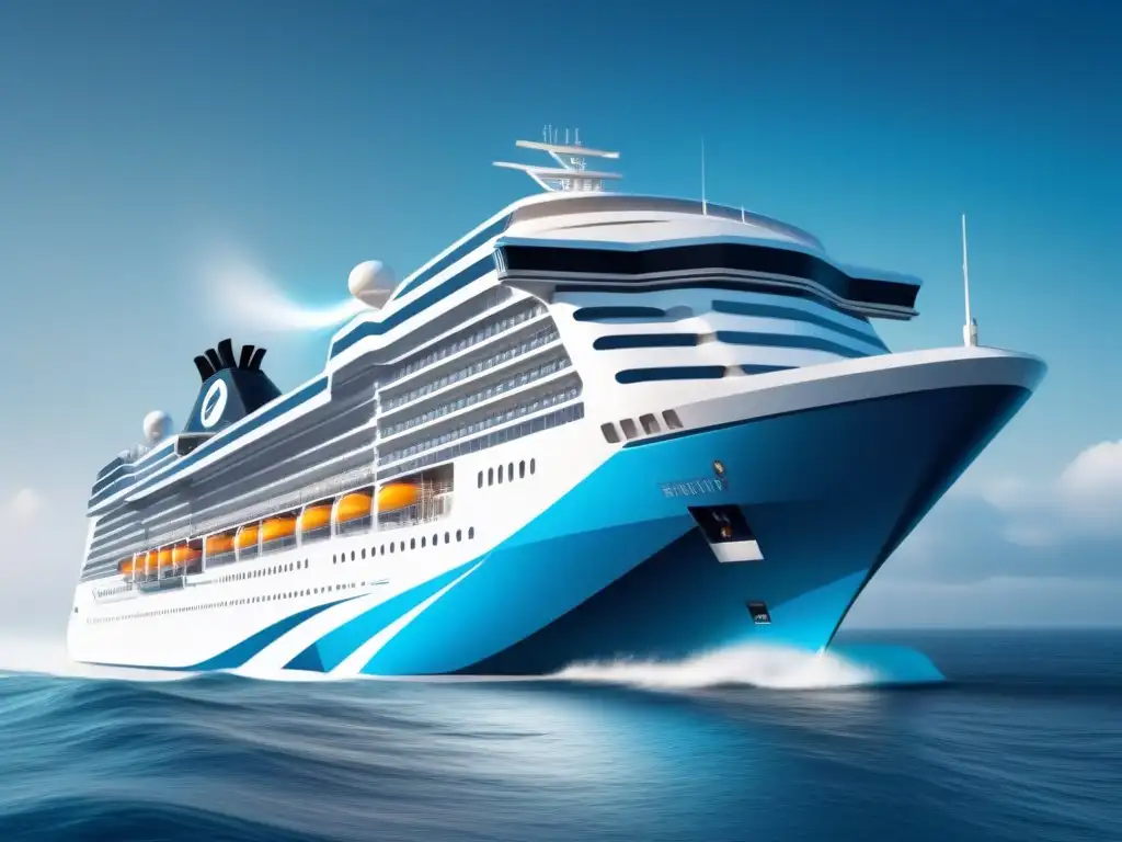 Un crucero futurista navega en aguas digitales cristalinas, simbolizando la tecnología reduciendo costos en la industria de cruceros