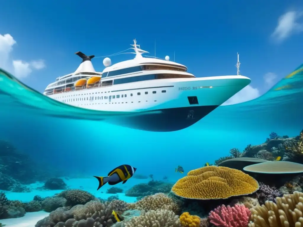 Un crucero futurista surca aguas turquesa rodeado de arrecifes de coral y peces coloridos