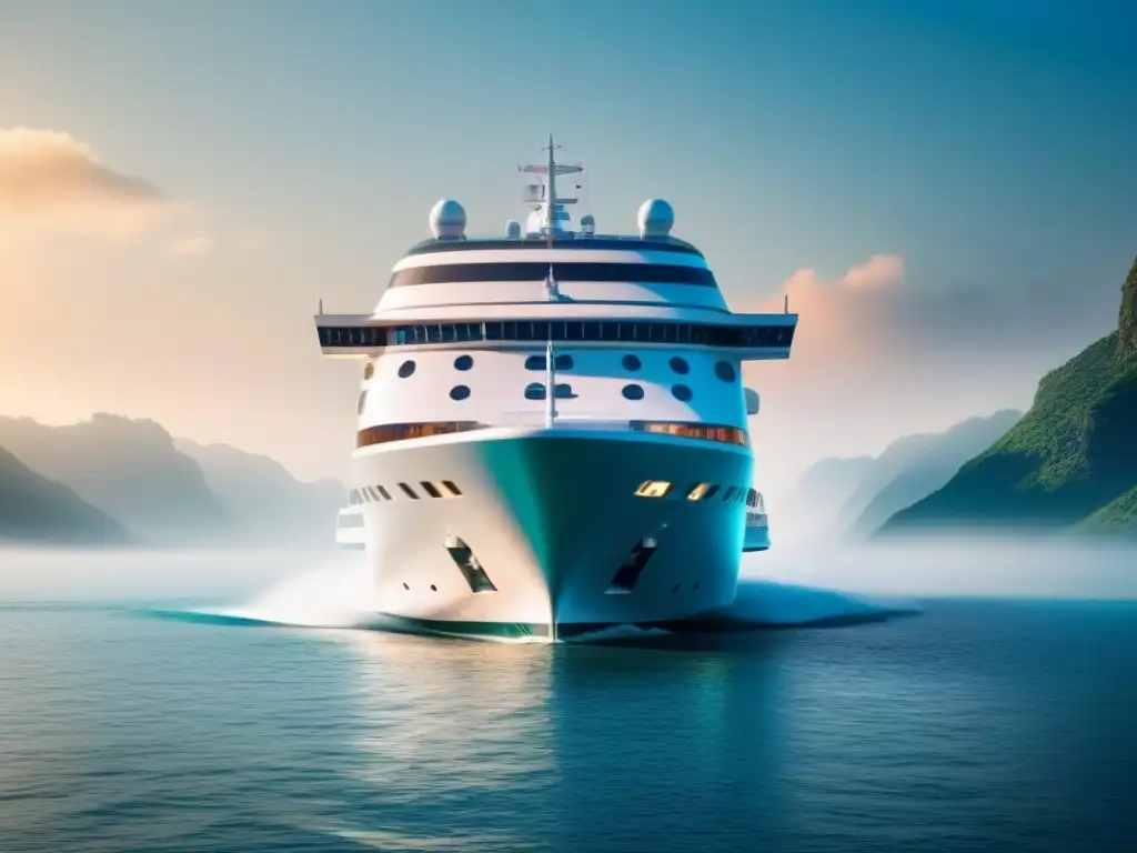 Un crucero futurista navega en aguas tecnológicas con diseño elegante e integración de Inteligencia Artificial en navegación cruceros