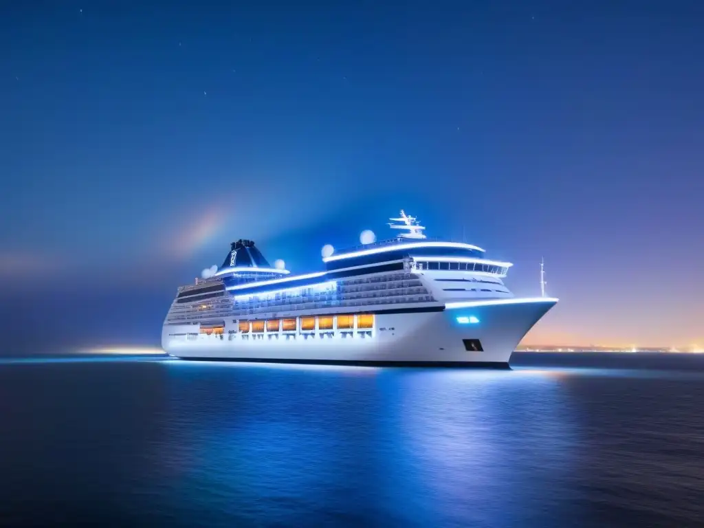 Un crucero futurista surca aguas tranquilas bajo un cielo estrellado, iluminado con luces vibrantes