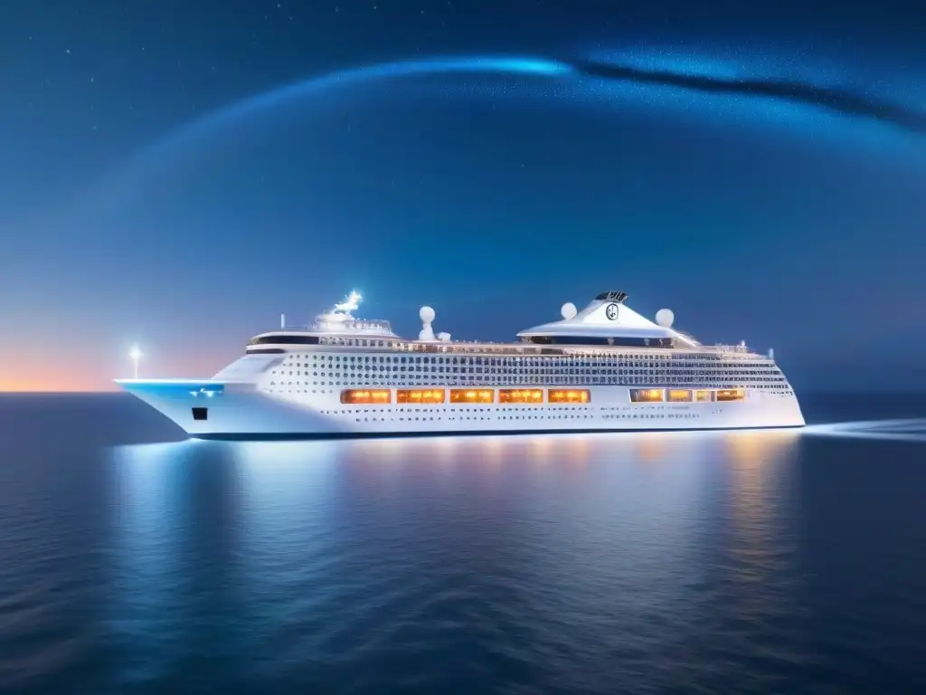 Un crucero futurista navega en aguas tranquilas bajo un cielo estrellado, con elementos de inteligencia artificial en turismo marítimo