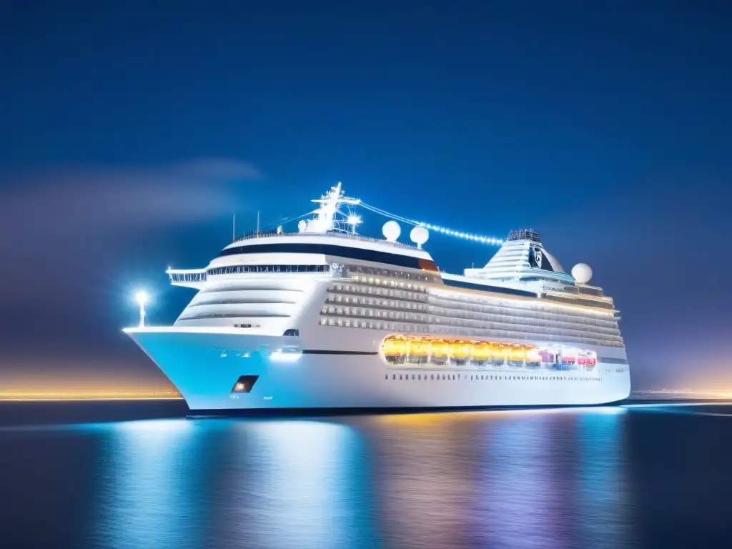 Un crucero futurista surca aguas tranquilas bajo un cielo estrellado, destacando sus luces LED y la calma de la noche en el mar