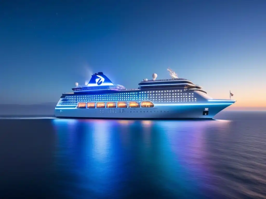 Un crucero futurista surca aguas tranquilas bajo un cielo estrellado, con detalles esports y competiciones esports en cruceros