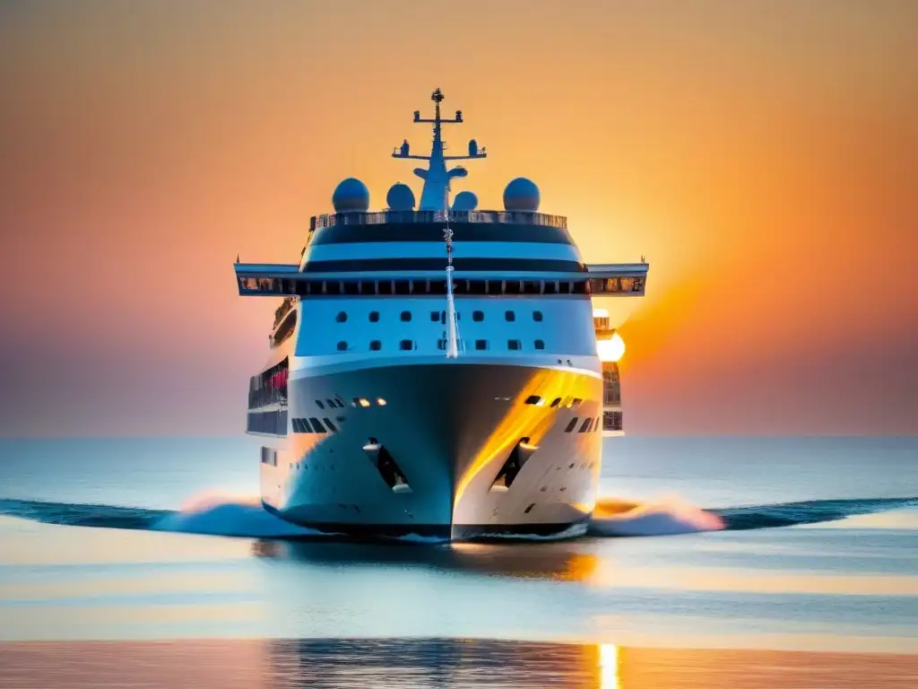 Un crucero futurista navegando suavemente en aguas tranquilas al atardecer, exudando lujo y sofisticación