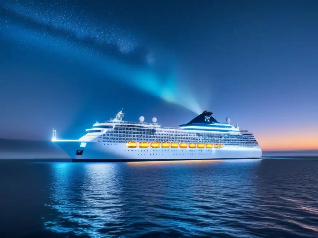 Un crucero futurista en aguas tranquilas bajo un cielo estrellado, iluminado por tecnología de pago sin contacto