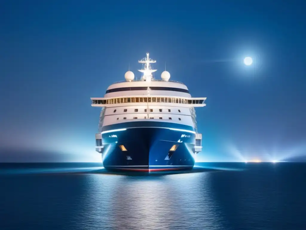 Un crucero futurista navega en aguas tranquilas bajo un cielo estrellado, iluminado con elegancia