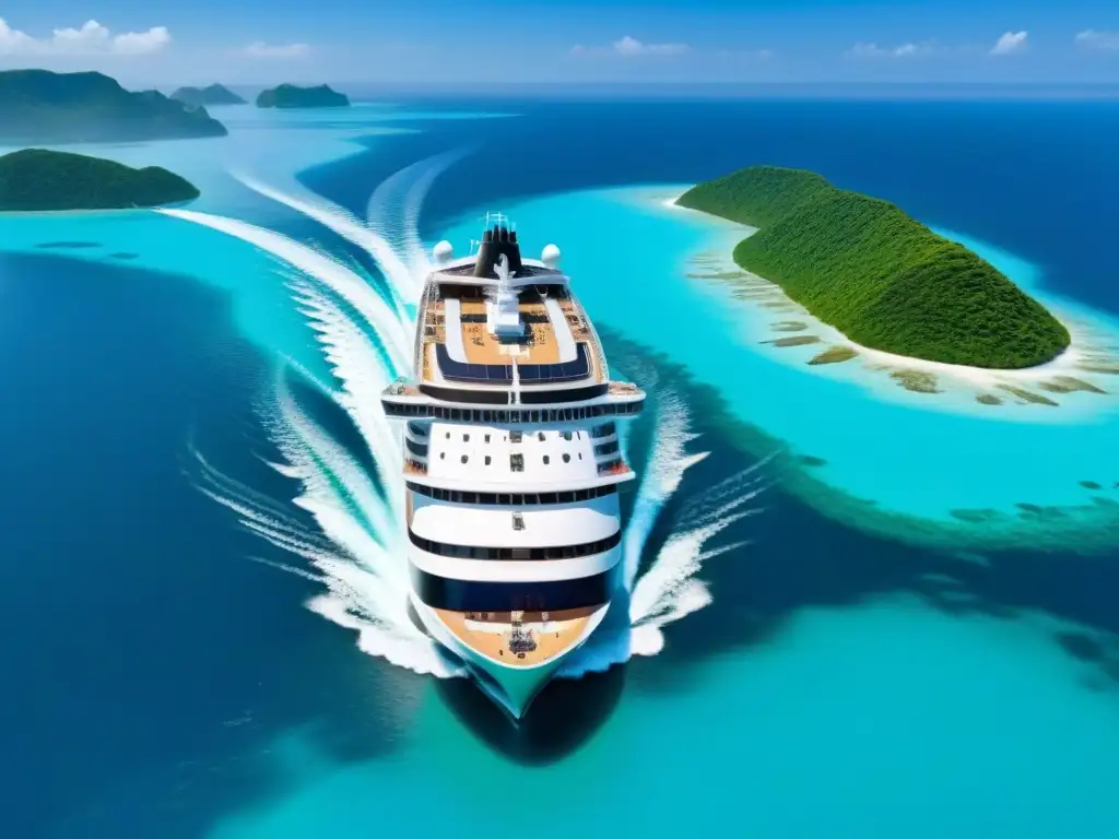 Un crucero futurista en aguas turquesas rodeado de islas verdes, con paneles solares y propulsión ecofriendly