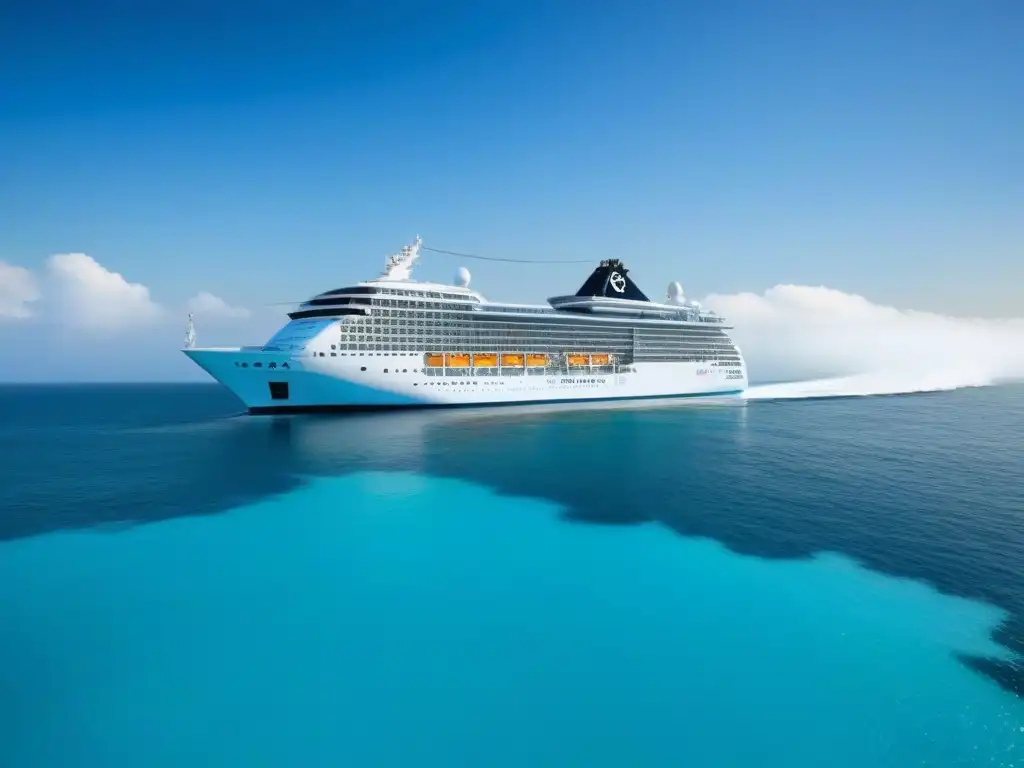 Un crucero futurista navega en aguas turquesas, reflejando un turismo marítimo personalizado de lujo