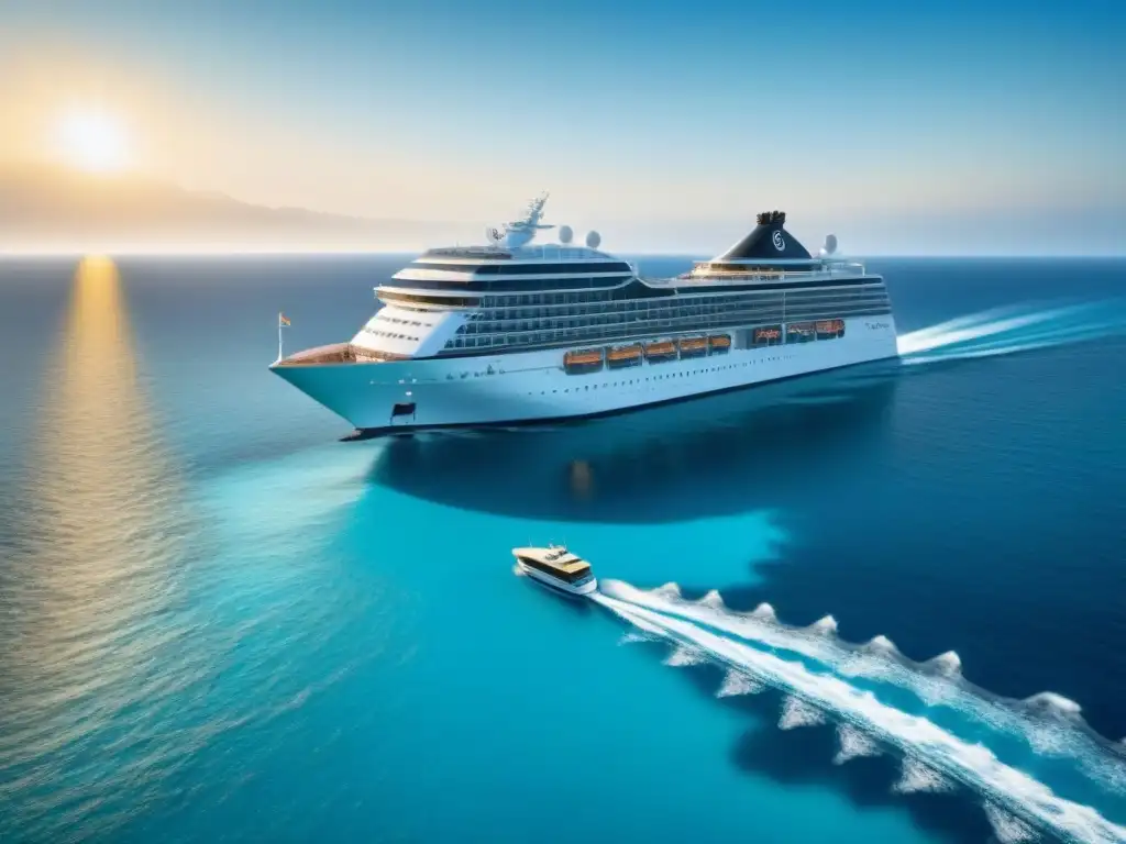 Un crucero futurista surca aguas turquesas al atardecer, reflejando lujo y aventura en nuevos mercados de turismo marítimo