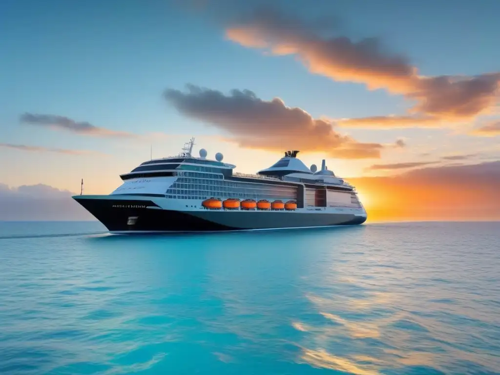 Un crucero futurista navega en aguas turquesas al atardecer, representando turismo marítimo cero emisiones